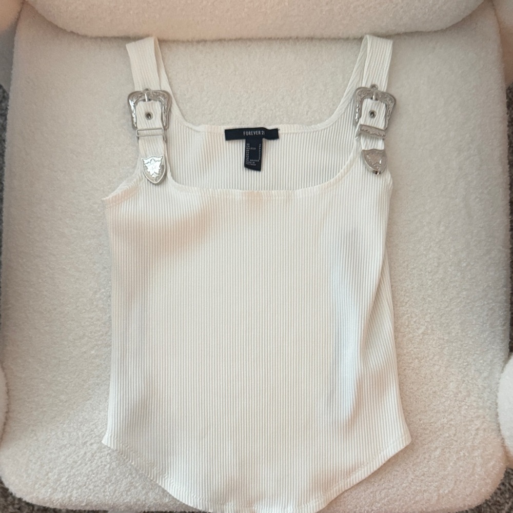 Forever 21 Cream Ribbed Tank with Western Buckle Straps